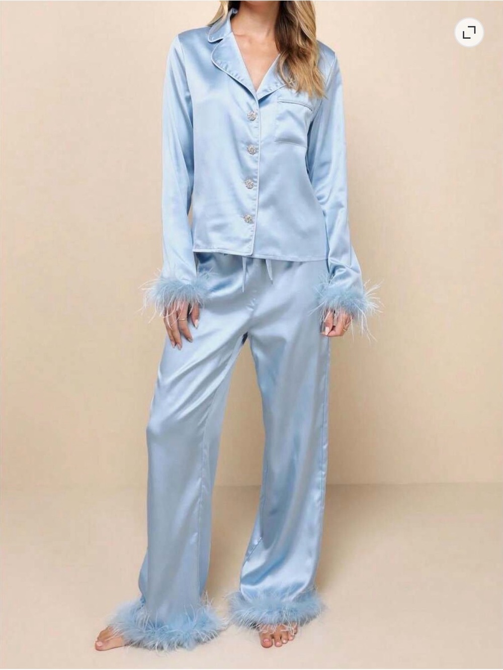 Lulu's Satin Feather-Trim Pajama Set in Light Blue with Rhinestone Brooch Button